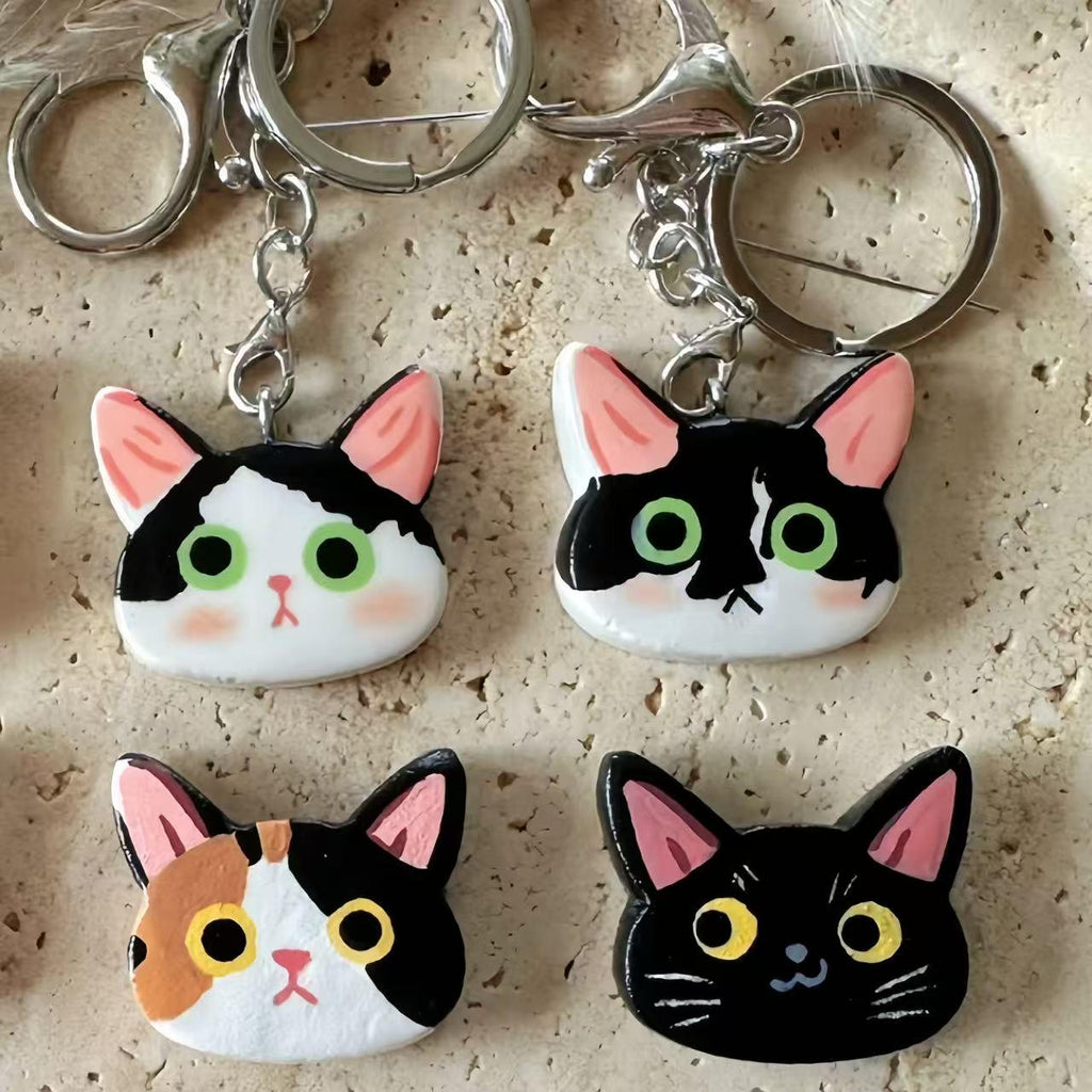 Custom Cat Portrait Keychain – Handmade Stone Clay Magnet, Brooch