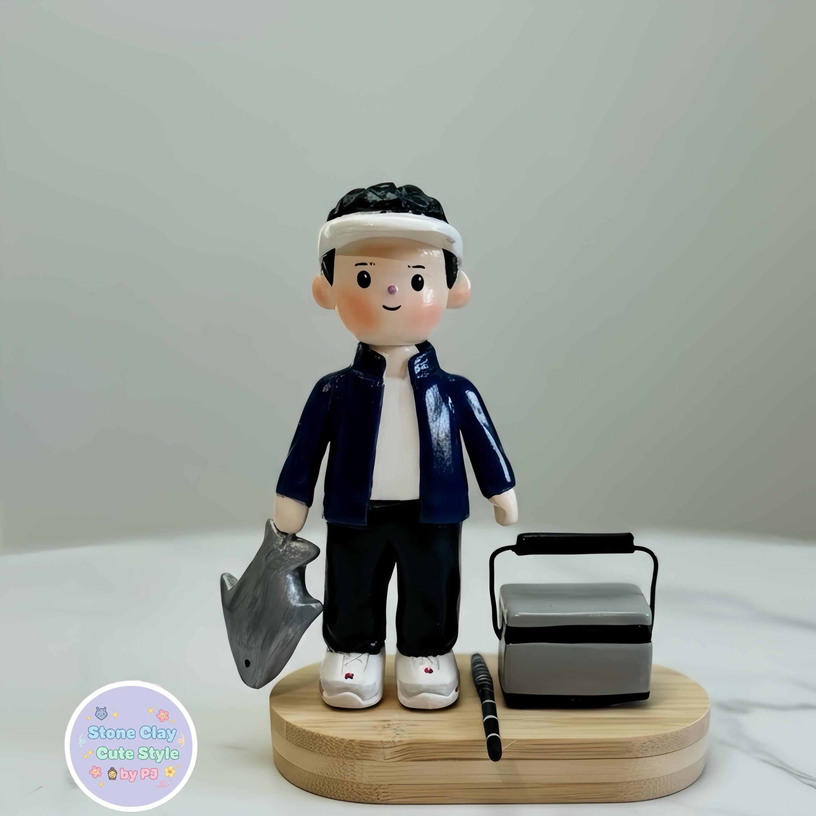 Personalized Fishing Clay Figurine – Handmade Fisherman Cake Topper