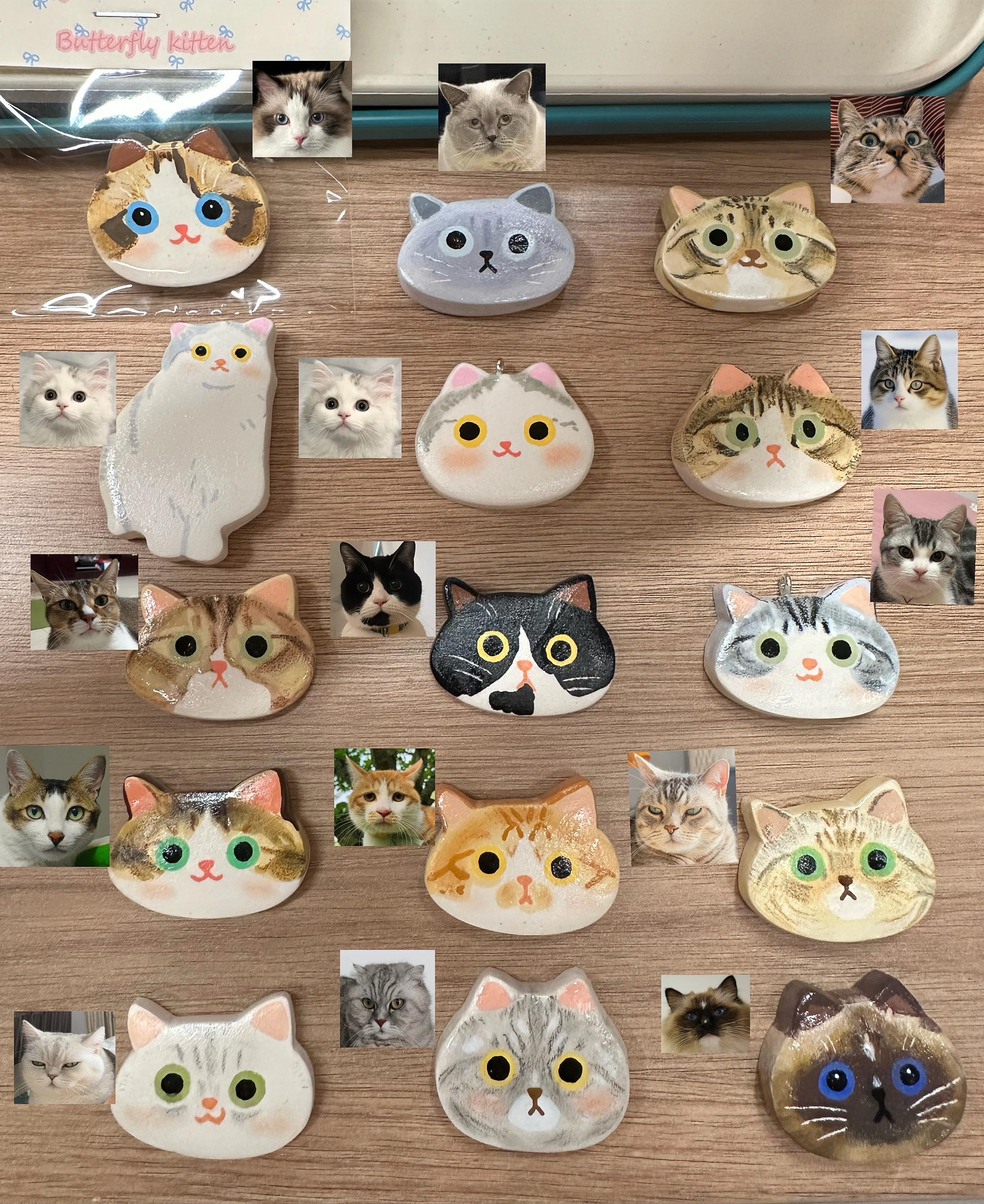 Custom Cat Portrait Keychain – Handmade Stone Clay Magnet, Brooch