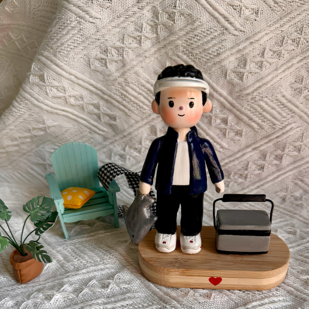 Personalized Fishing Clay Figurine – Handmade Fisherman Cake Topper