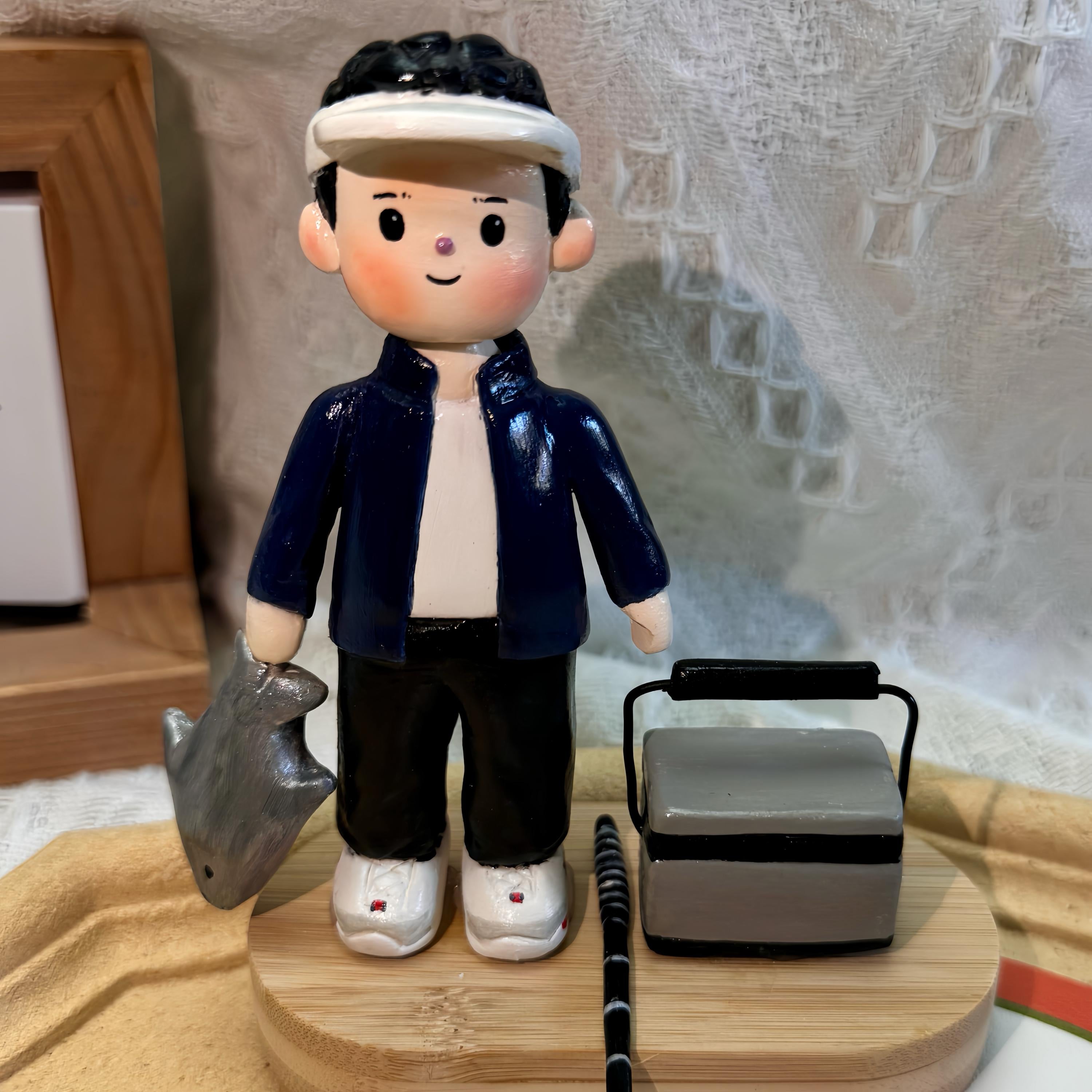 Personalized Fishing Clay Figurine – Handmade Fisherman Cake Topper