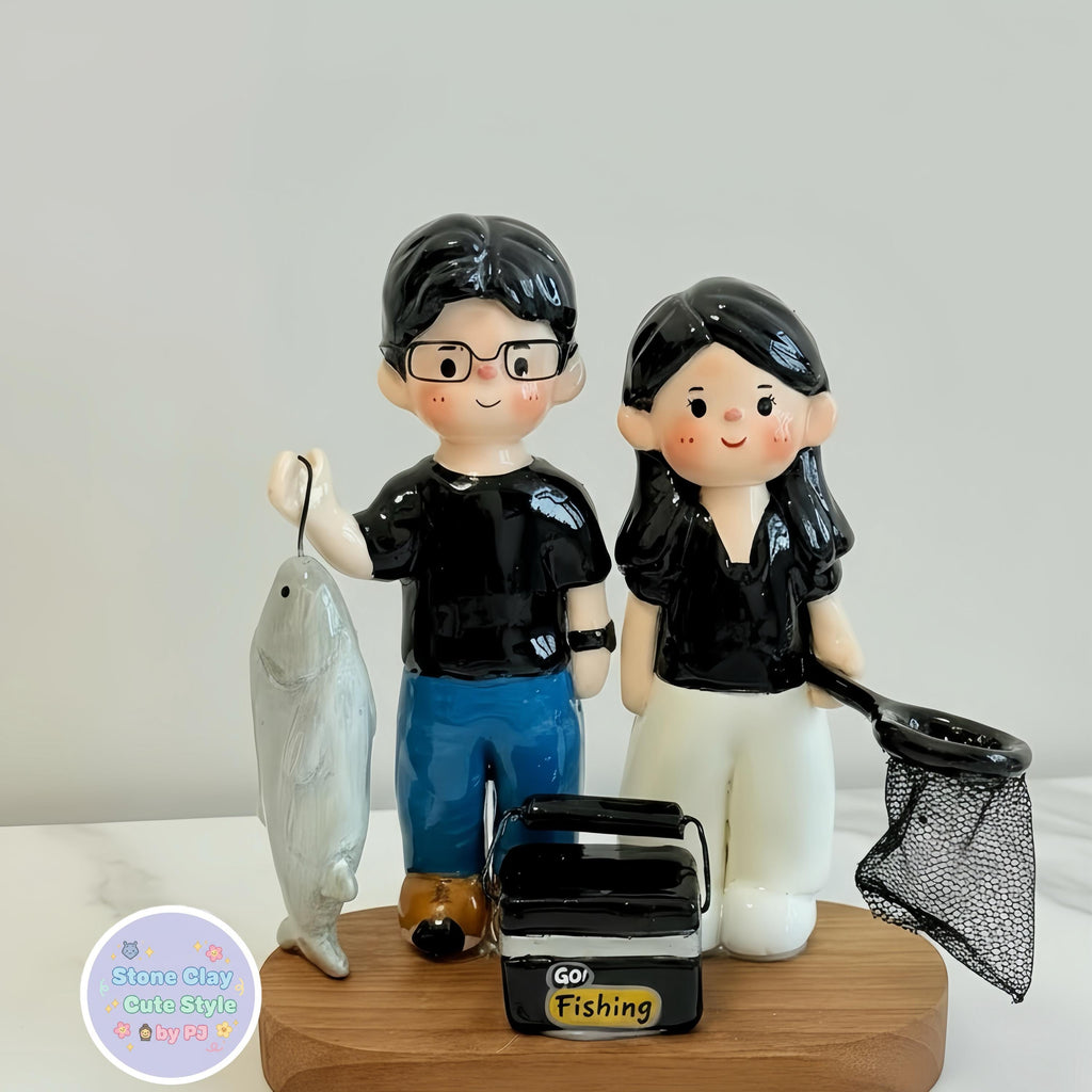 Fishing Couple Clay Cake Topper – Personalized Handmade Figurine