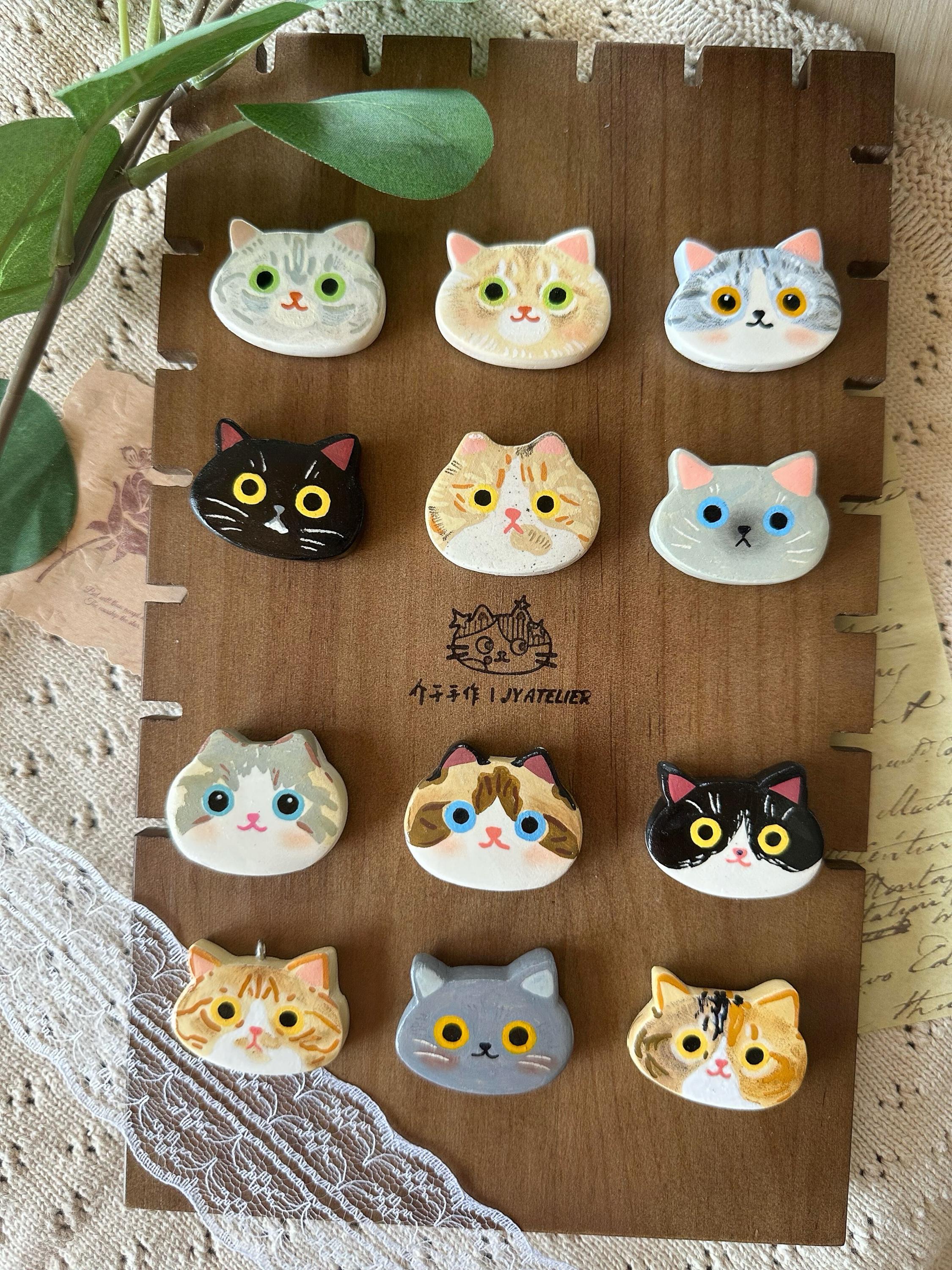 Custom Cat Face Fridge Magnet – Handmade Stone Clay Keychain, Brooch