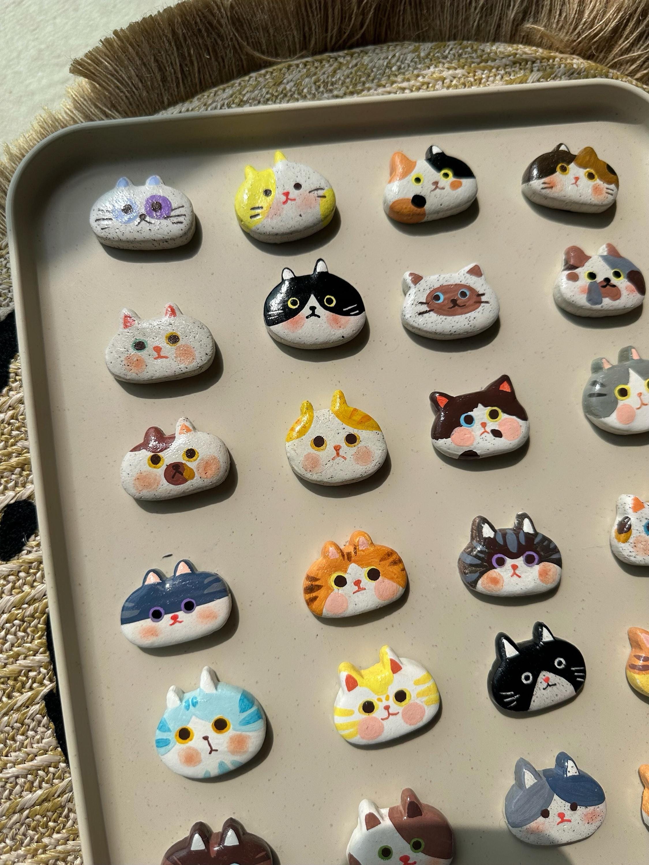Custom Cat Face Fridge Magnet – Handmade Stone Clay Keychain, Brooch