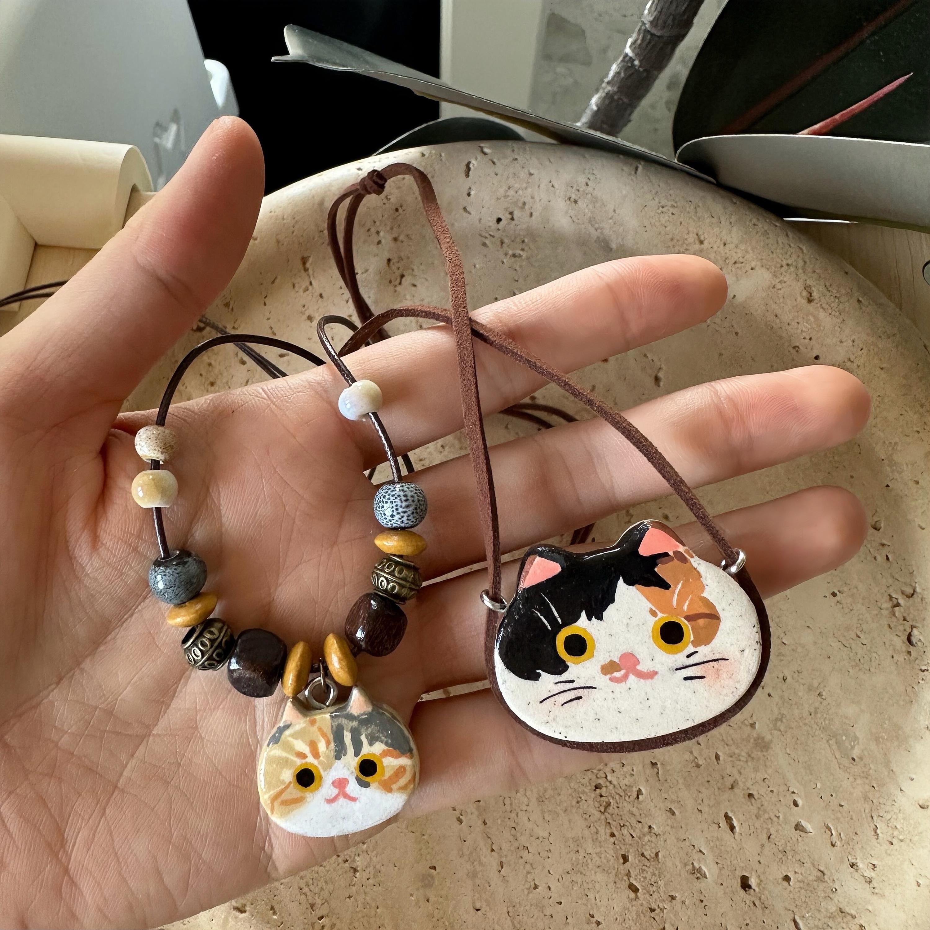 Custom Cat Portrait Necklace – Handmade Stone Clay Pet Pendant