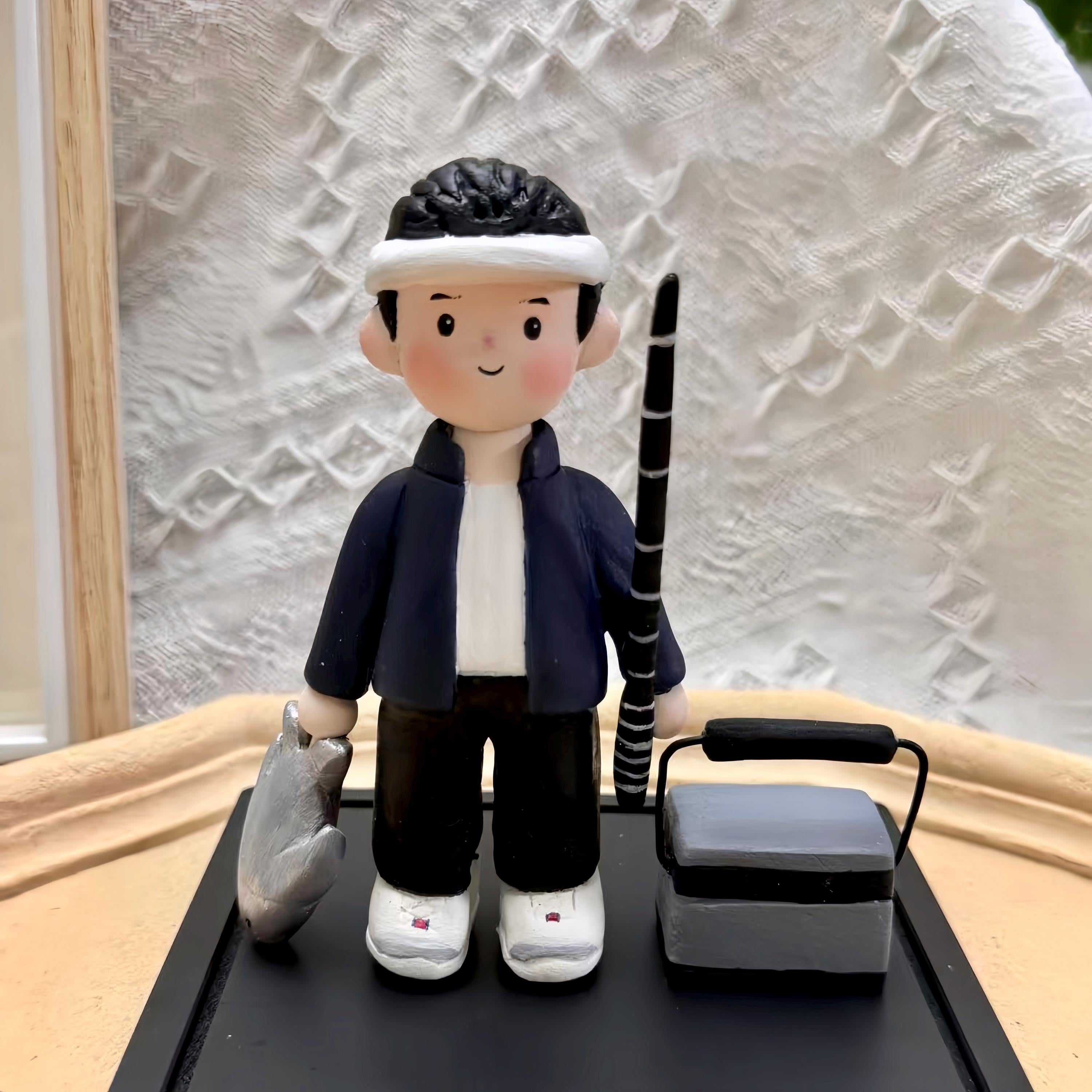 Personalized Fishing Clay Figurine – Handmade Fisherman Cake Topper